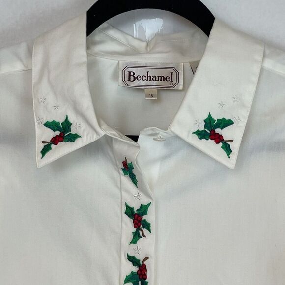 Bechamel Tops - NWT BECHAMEL Shirt Women's Size 16 White Embroidered Holly Berries Holiday New